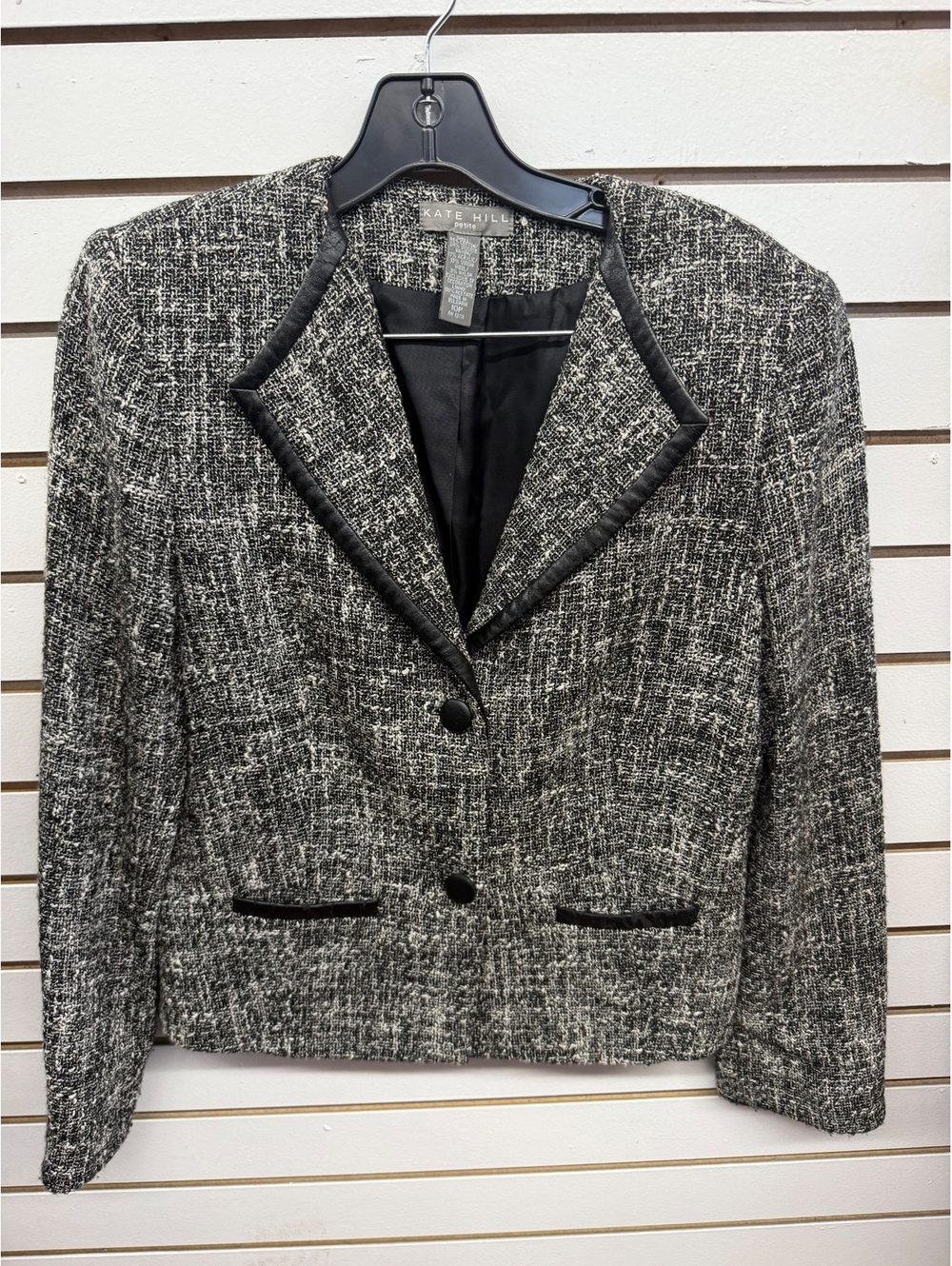 Kate Hill Petite Black White Tweed Blazer Size 10P Faux Leather Trim